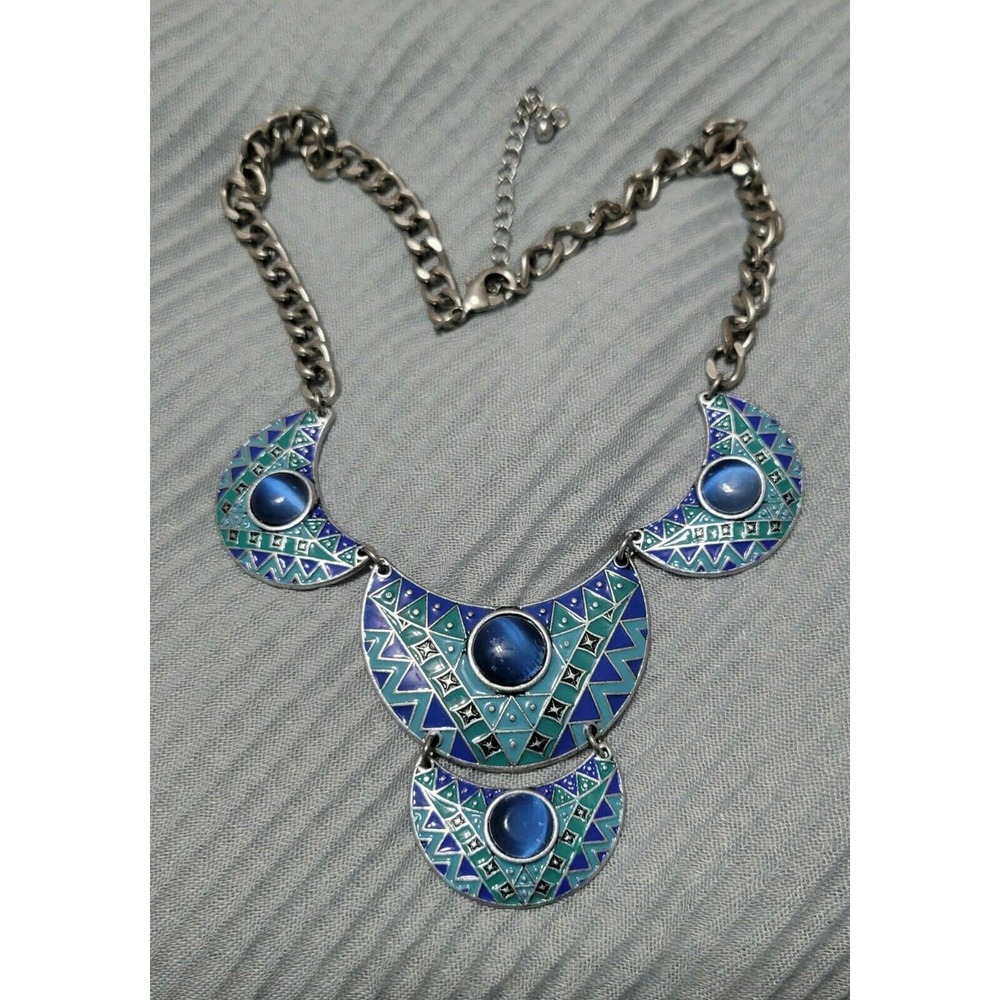 Beautiful BLUE & GREEN GEOMETRIC DESIGN BIB Necklace ENAMEL & STONE SOUTHWEST